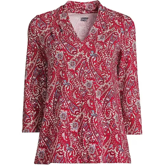 Lands' End Red Paisley 3/4 Sleeve Lightweight Jersey V-neck Top M 10-12 - Picture 4 of 13